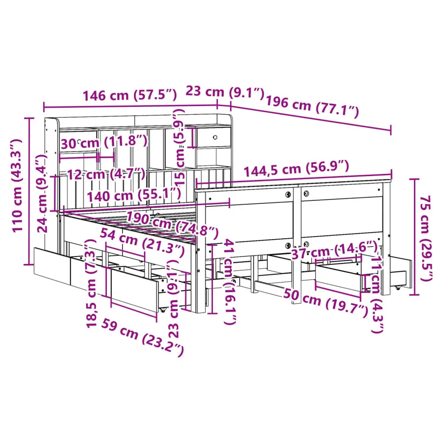 Lit bibliothèque sans matelas 140x190 cm bois de pin massif - 15