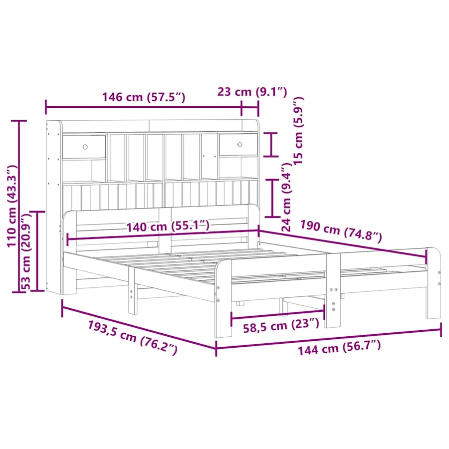Lit bibliothèque sans matelas blanc 140x190 cm bois pin massif - 11