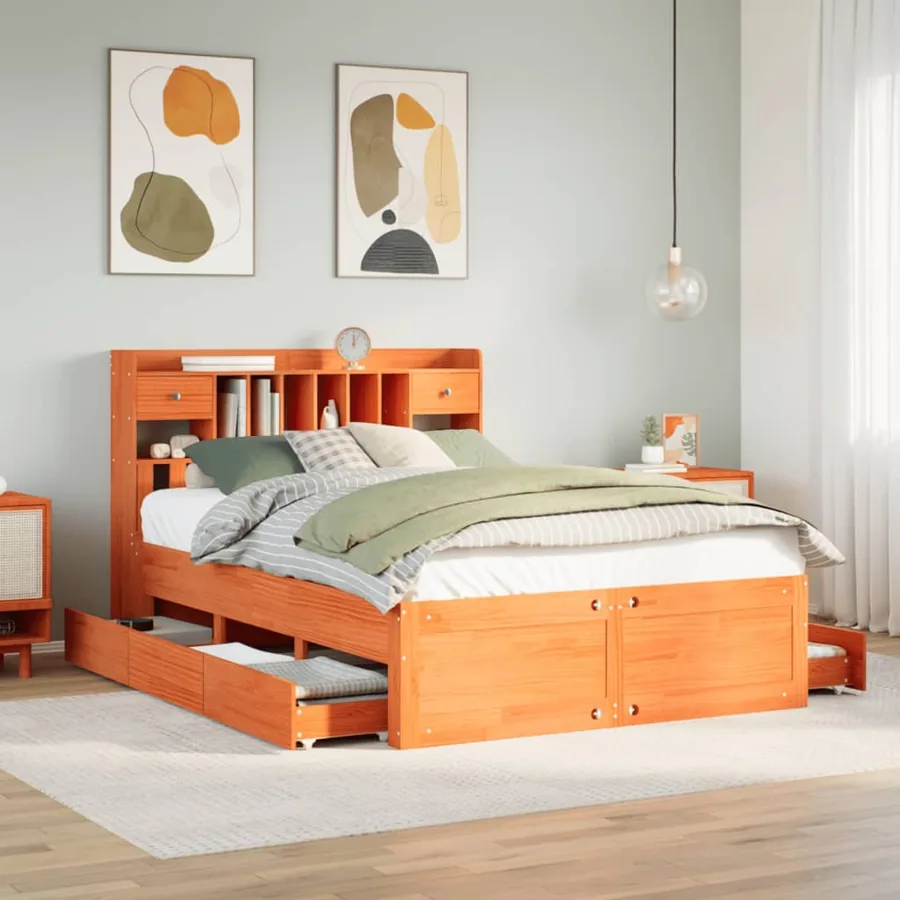 Lit bibliothèque sans matelas cire marron 150x200 cm pin massif