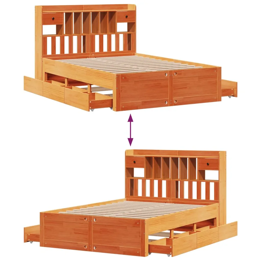 Lit bibliothèque sans matelas cire marron 150x200 cm pin massif - 12