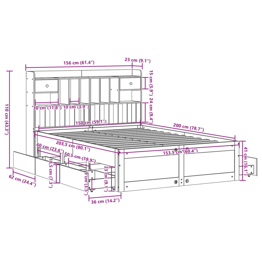 Lit bibliothèque sans matelas cire marron 150x200 cm pin massif - 15
