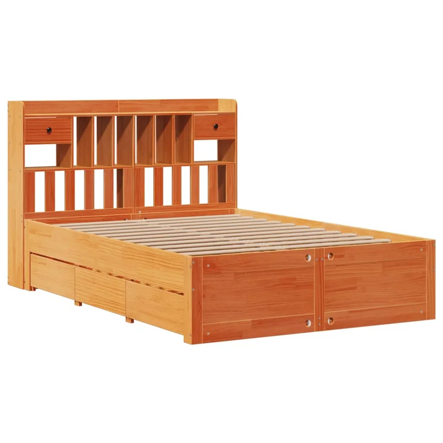 Lit bibliothèque sans matelas cire marron 150x200 cm pin massif - 3
