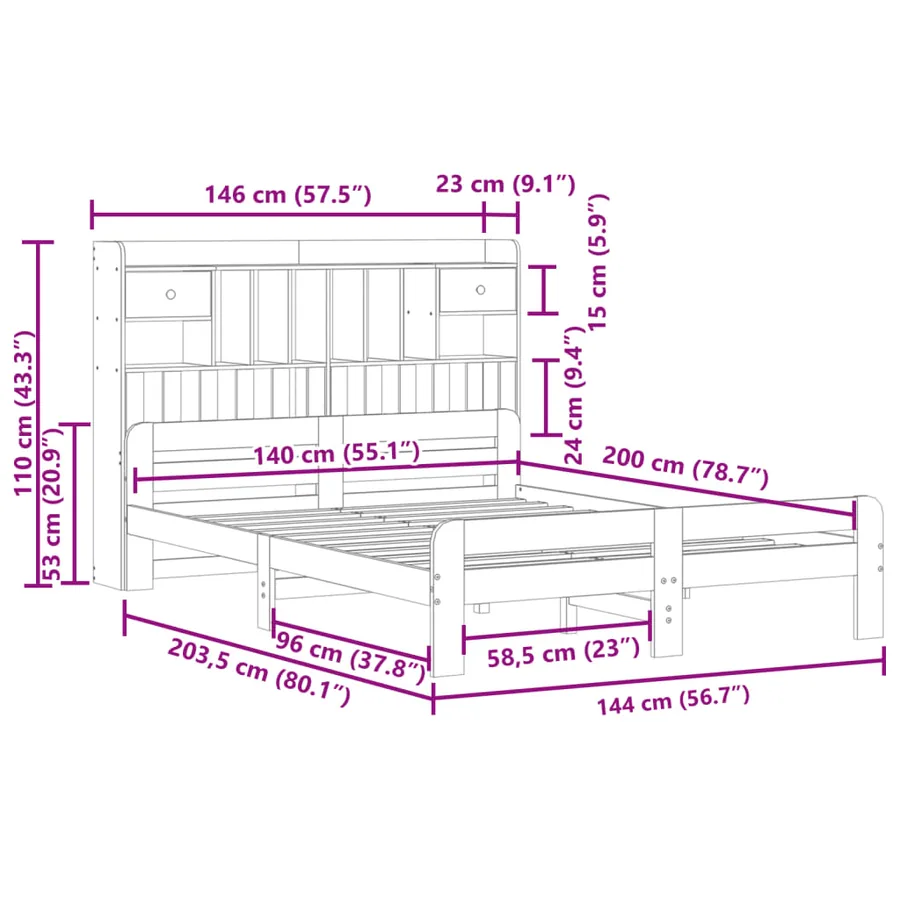Lit bibliothèque sans matelas blanc 140x200 cm bois pin massif - 11