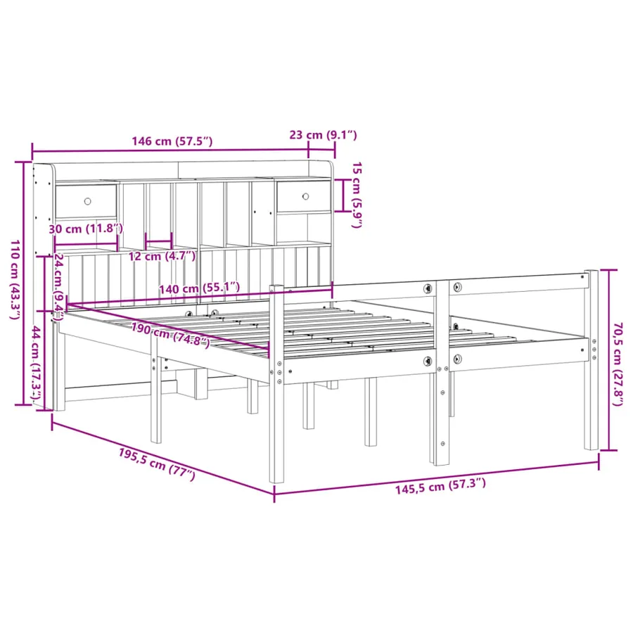 Lit bibliothèque sans matelas blanc 140x190 cm bois pin massif - 11
