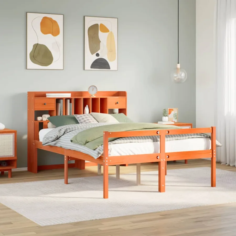 Lit bibliothèque sans matelas cire marron 140x190 cm pin massif
