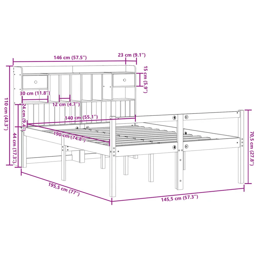 Lit bibliothèque sans matelas cire marron 140x190 cm pin massif - 11