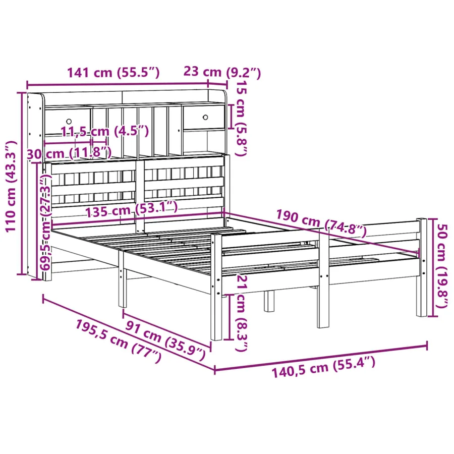 Lit bibliothèque sans matelas blanc 135x190 cm bois pin massif - 11