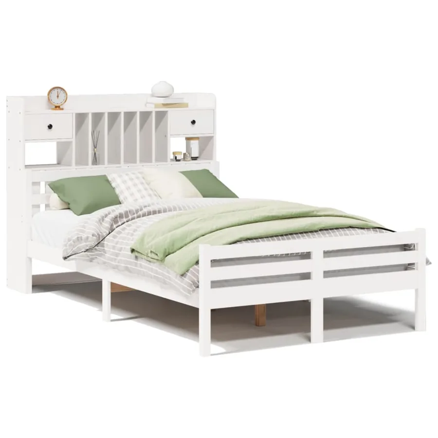 Lit bibliothèque sans matelas blanc 135x190 cm bois pin massif - 2