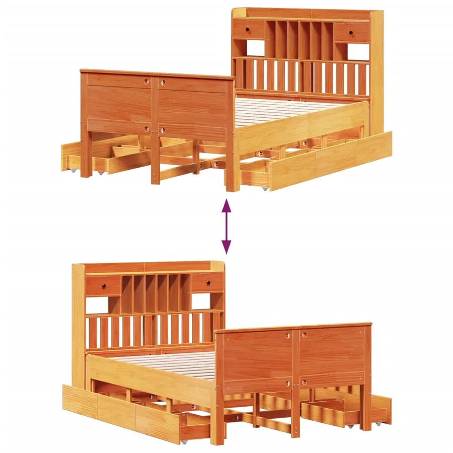 Lit bibliothèque sans matelas cire marron 135x190 cm pin massif - 12