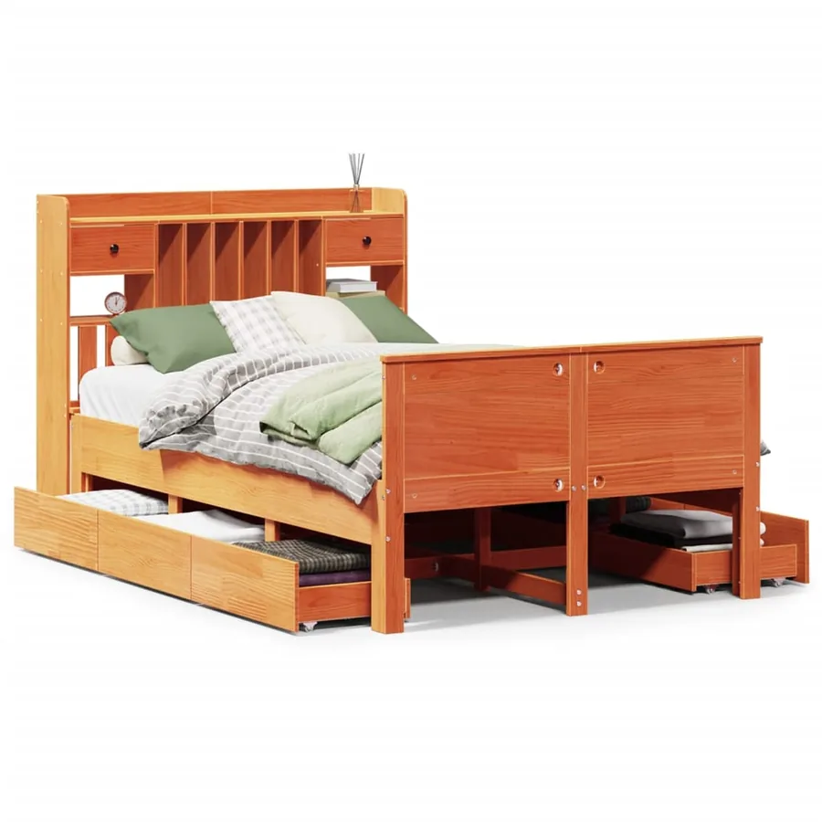 Lit bibliothèque sans matelas cire marron 135x190 cm pin massif - 2