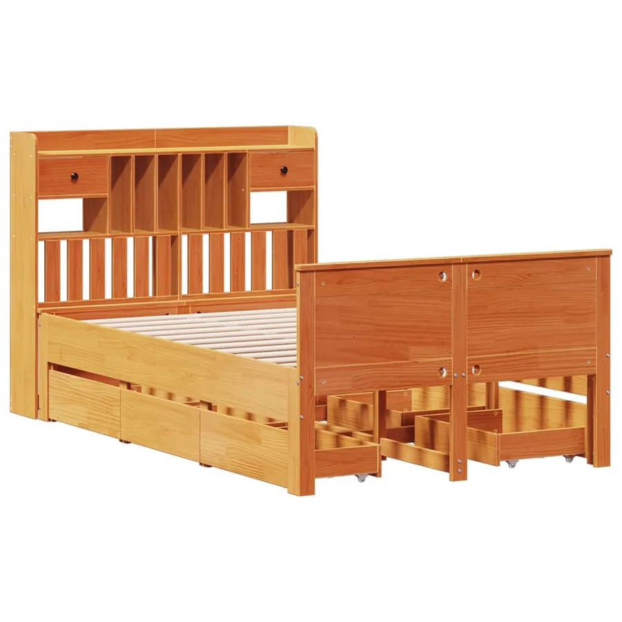 Lit bibliothèque sans matelas cire marron 135x190 cm pin massif - 3