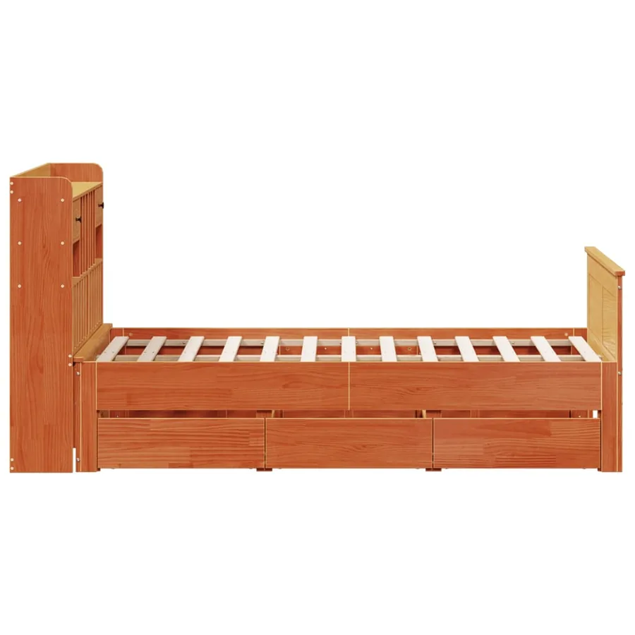 Lit bibliothèque sans matelas cire marron 135x190 cm pin massif - 5