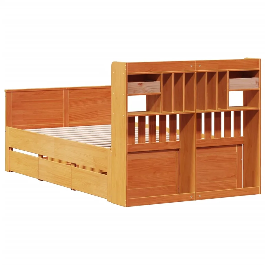 Lit bibliothèque sans matelas cire marron 135x190 cm pin massif - 6