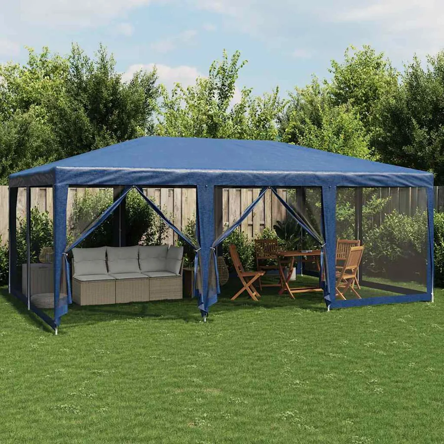 Tente de fête avec 10 parois latérales en maille bleu 6x4m PEHD