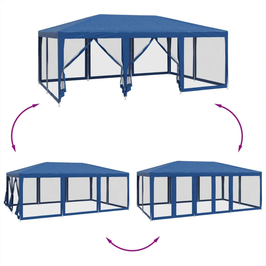 Tente de fête avec 10 parois latérales en maille bleu 6x4m PEHD - 6