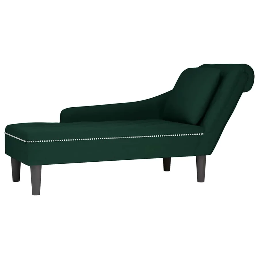 Fauteuil long et coussin et accoudoir droit vert foncé velours