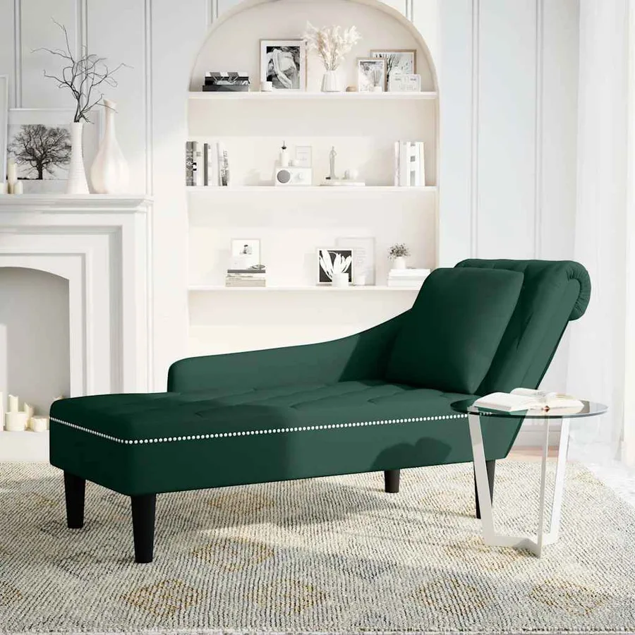 Fauteuil long et coussin et accoudoir droit vert foncé velours - 2
