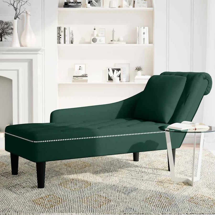 Fauteuil long et coussin et accoudoir droit vert foncé velours - 3