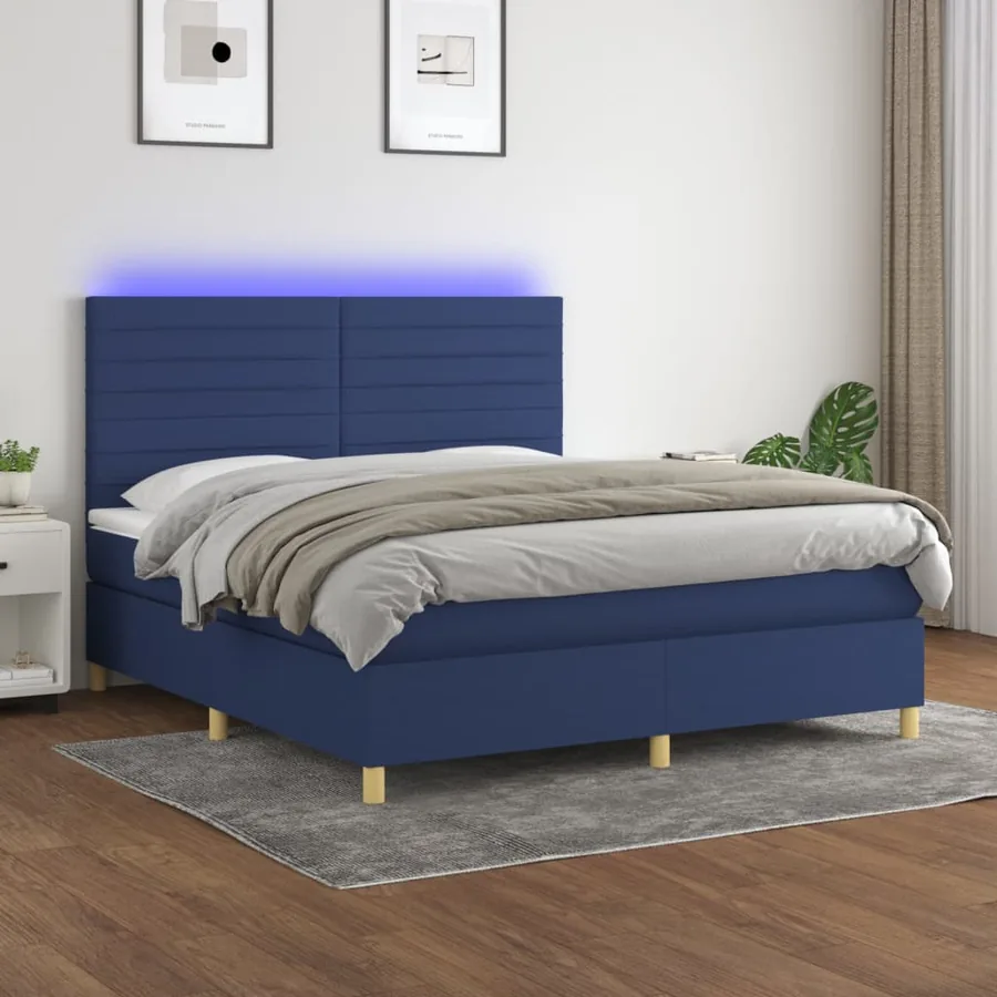 Sommier à lattes de lit et matelas et LED Bleu 160x200 cm Tissu