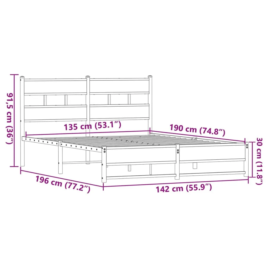 Cadre de lit en métal sans matelas chêne marron 135x190 cm - 9