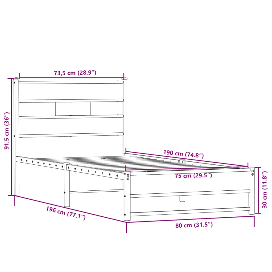 Cadre de lit en métal sans matelas chêne sonoma 75x190 cm - 9
