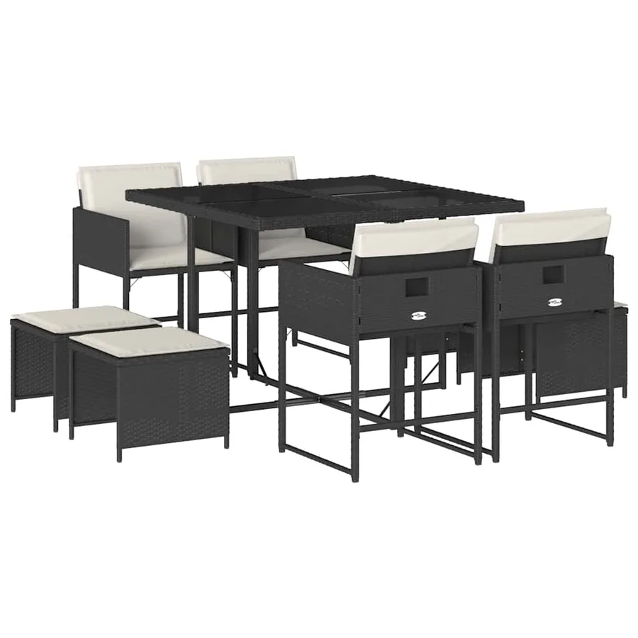 Ensemble à manger de jardin 9pcs coussins noir résine tressée - 2