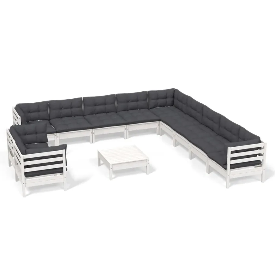 Salon de jardin 12 pcs avec coussins blanc bois de pin solide - 2