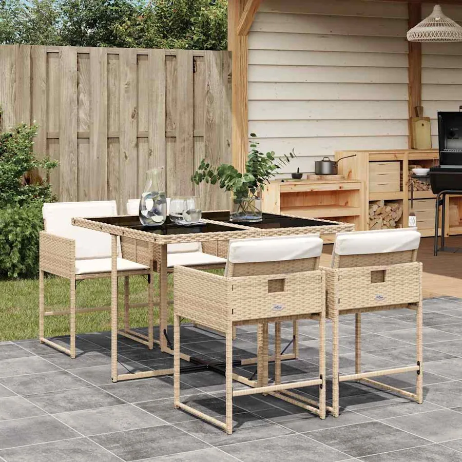 Ensemble à manger de jardin avec coussins 5pcs Beige poly rotin