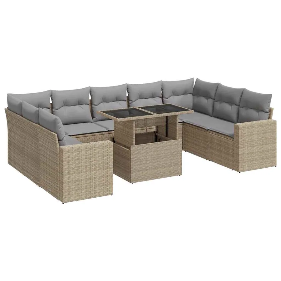 Salon de jardin avec coussins 10 pcs beige résine tressée - 2