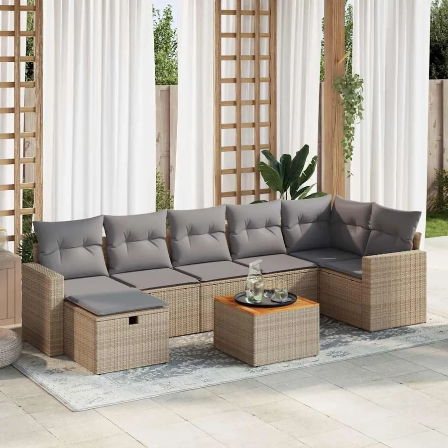 Salon de jardin avec coussins 8 pcs beige résine tressée
