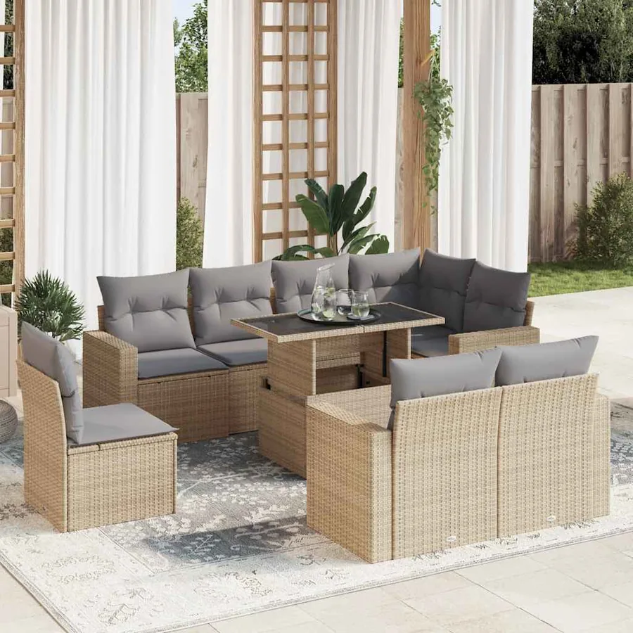 Salon de jardin avec coussins 9 pcs beige résine tressée