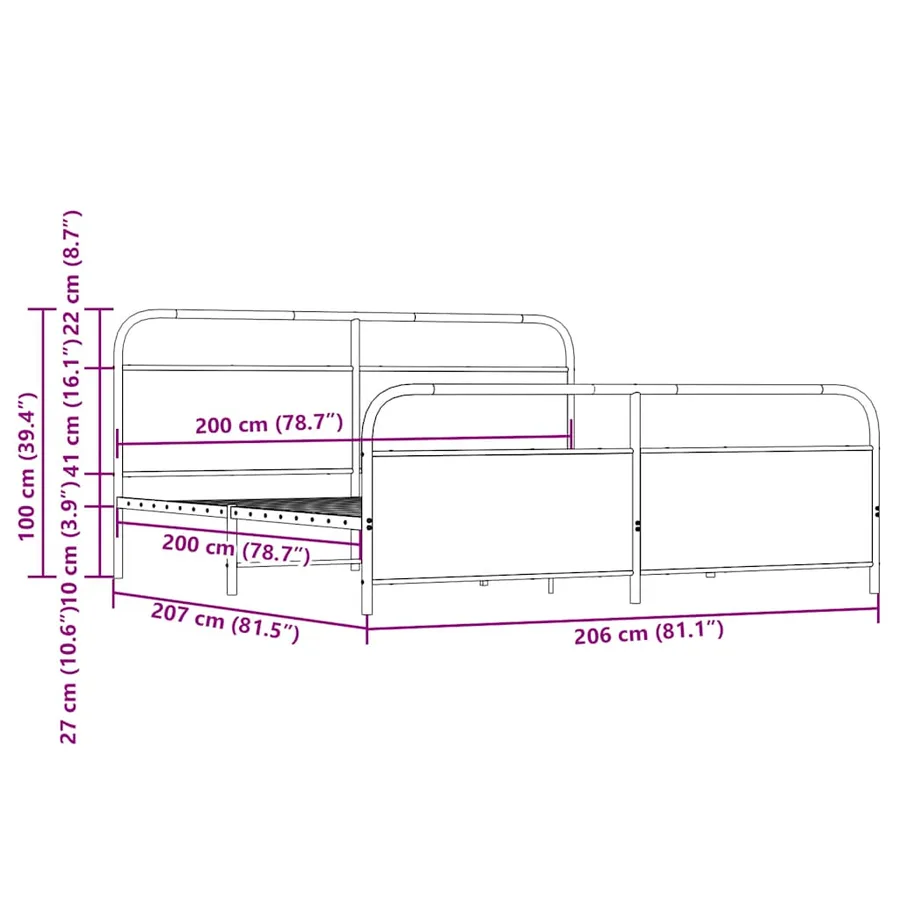 Cadre de lit en métal sans matelas chêne fumé 200x200 cm - 9