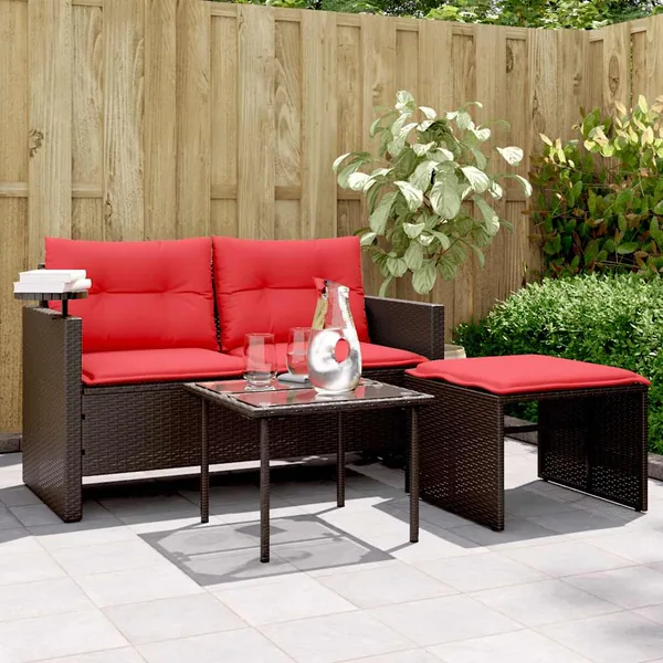 Ensemble de canapé de jardin 3 pcs avec coussins marron résine tressée
