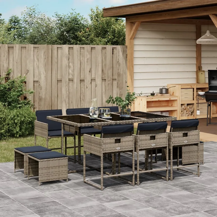 Ensemble à manger de jardin 11 pcs coussins gris résine tressée