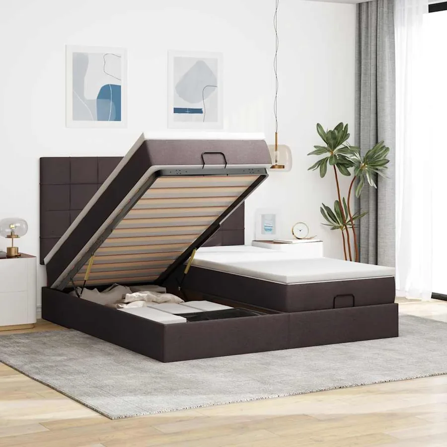 Cadre de lit ottoman avec matelas marron foncé 180x200 cm tissu