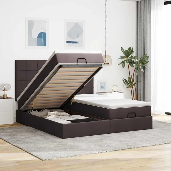 Cadre de lit ottoman avec matelas marron foncé 180x200 cm tissu