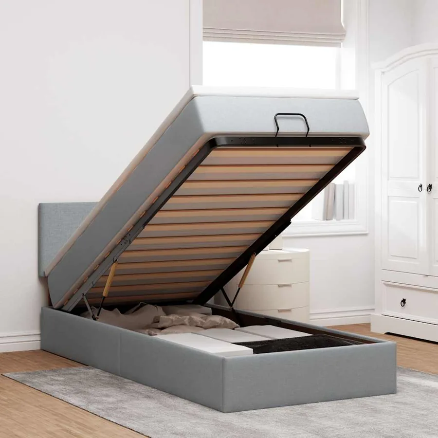 Lit ottoman avec matelas gris clair 100x200 cm tissu