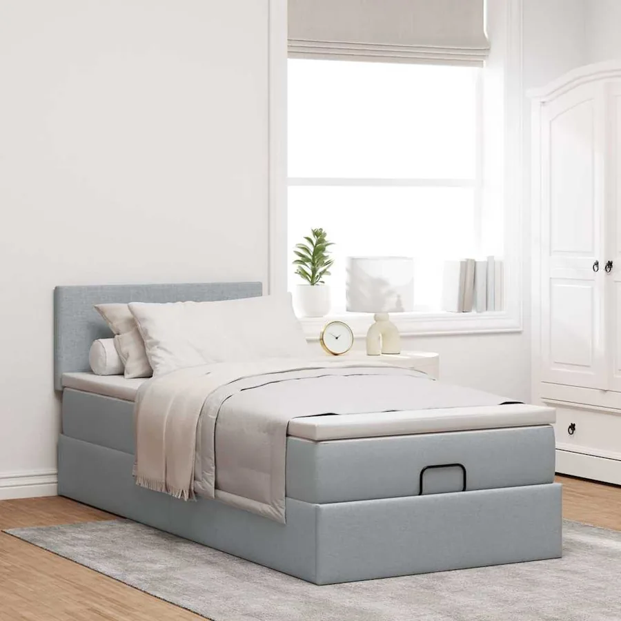 Lit ottoman avec matelas gris clair 100x200 cm tissu - 3