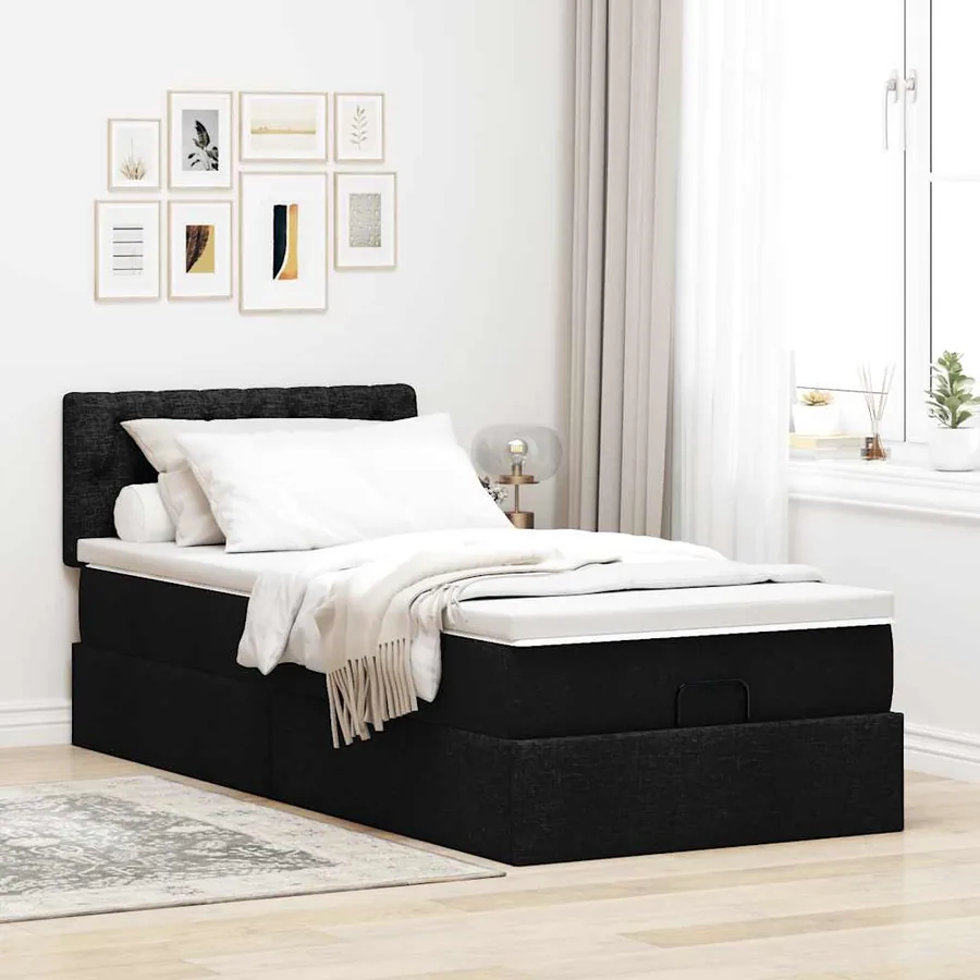 Lit ottoman avec matelas noir 90x200 cm tissu