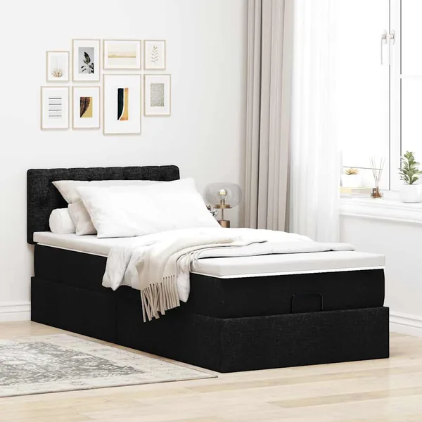 Lit ottoman avec matelas noir 90x200 cm tissu