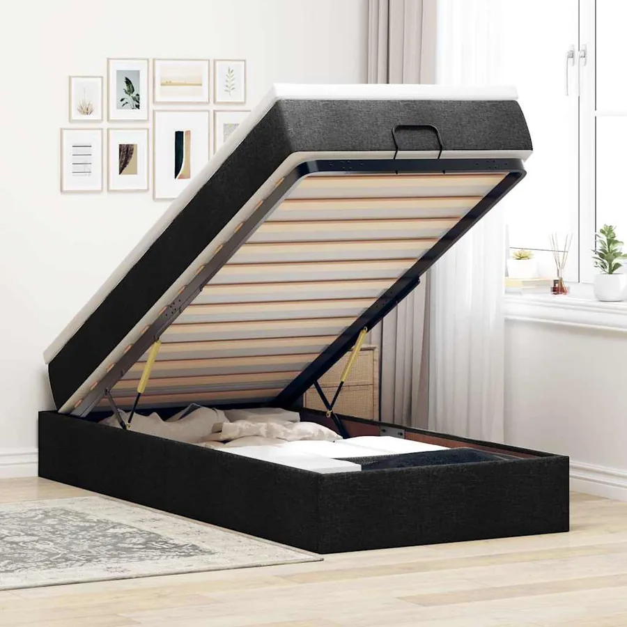 Cadre de lit ottoman avec matelas noir 90x200 cm tissu
