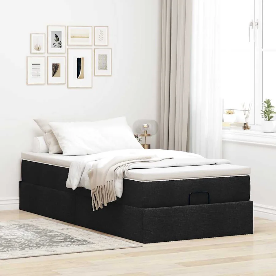 Cadre de lit ottoman avec matelas noir 90x200 cm tissu - 3