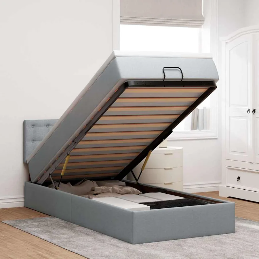 Lit ottoman avec matelas gris clair 100x200 cm tissu