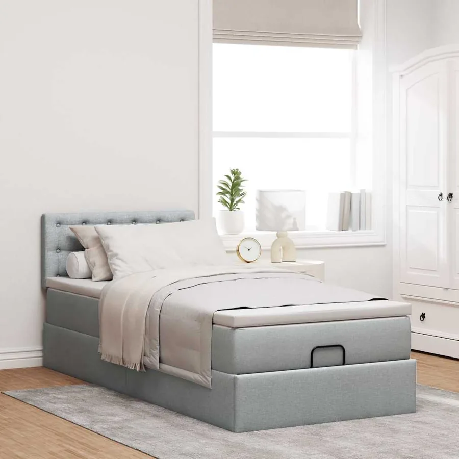 Lit ottoman avec matelas gris clair 100x200 cm tissu - 3