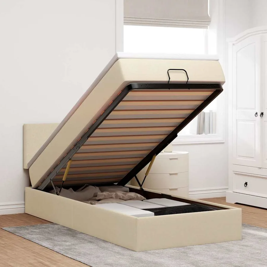 Lit ottoman avec matelas et LED crème 90x200 cm tissu