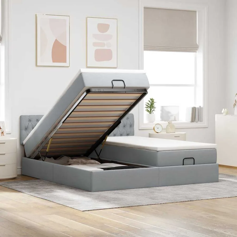 Cadre de lit ottoman et matelas gris clair 200x200cm tissu