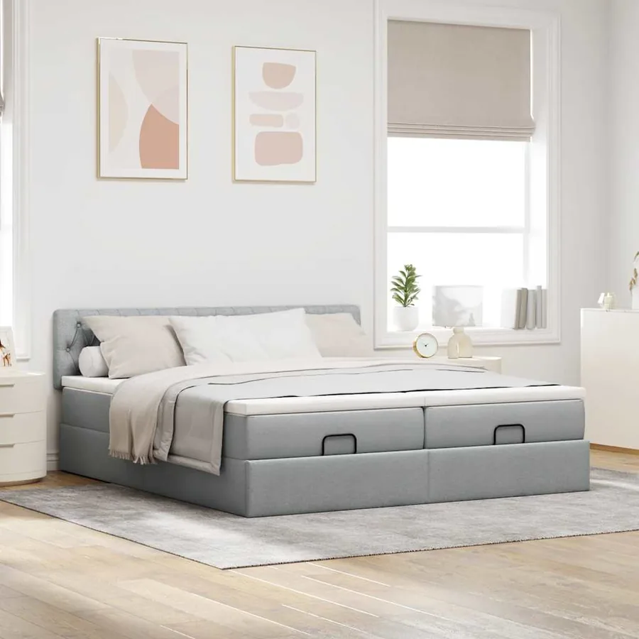 Cadre de lit ottoman et matelas gris clair 200x200cm tissu - 3
