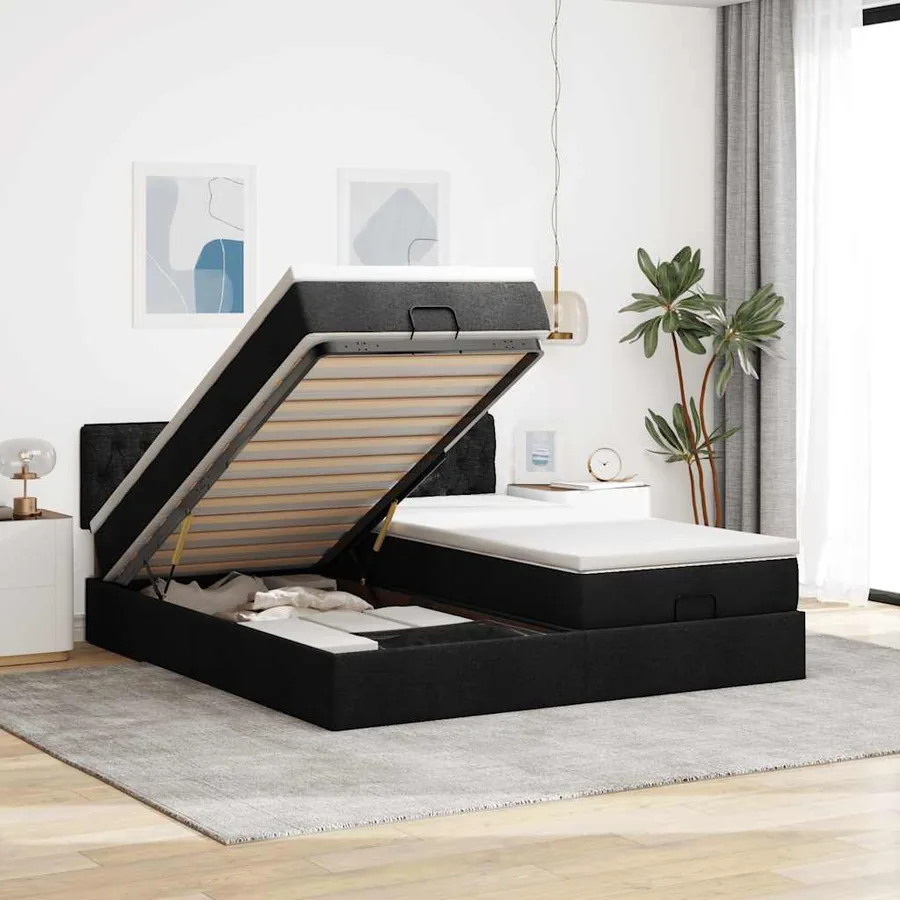 Cadre de lit ottoman avec matelas noir 180x200cm tissu