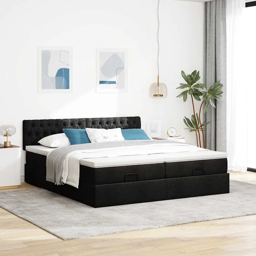 Cadre de lit ottoman avec matelas noir 180x200cm tissu - 3