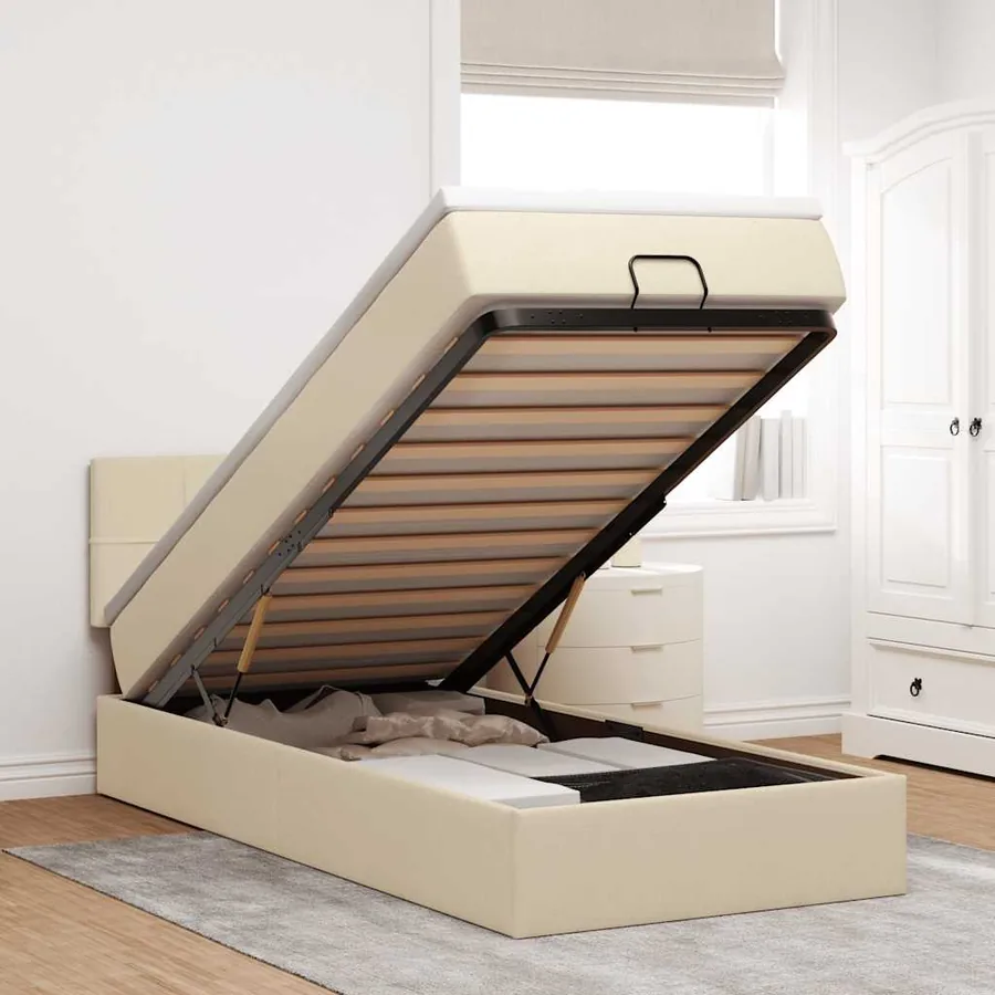 Lit ottoman avec matelas et LED crème 90x200 cm tissu